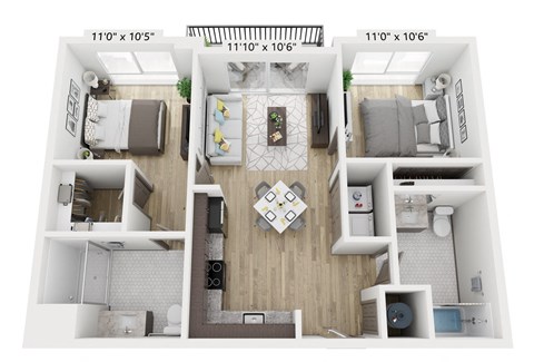 Floor plan for 2 beds, 2 baths, 887 sqft